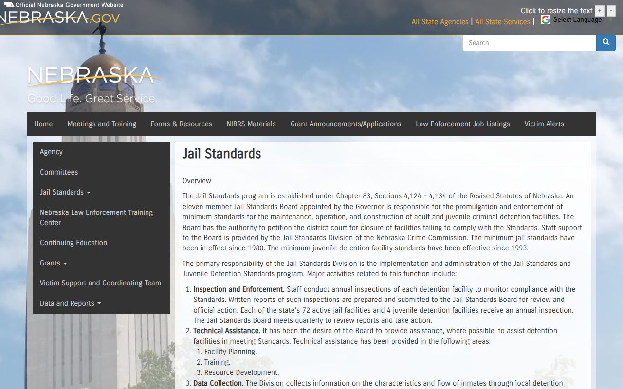 Nebraska Crime Commission Jail Standards page describing detention facility oversight