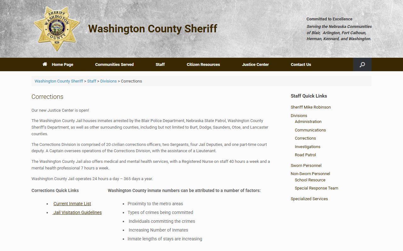 Washington County Corrections Division page showing jail staffing and services