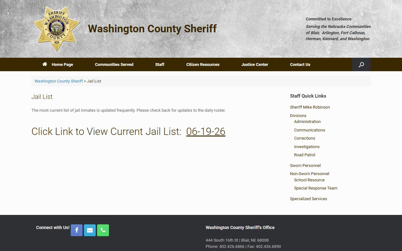Washington County Sheriff's Office current jail list landing page with daily roster link