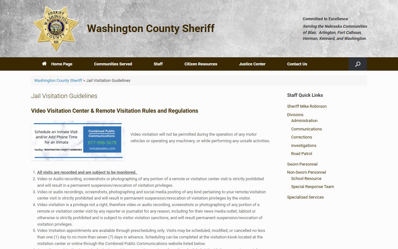 Washington County jail visitation guidelines page with video visitation rules and CPC guidance