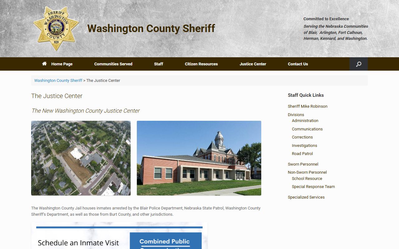 Washington County Sheriff's Office Justice Center page showing jail information and inmate-life links